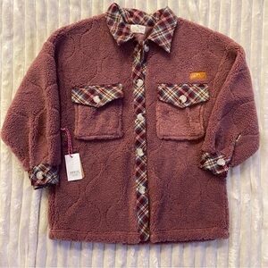 Simply Southern Mauve Sherpa Button-Front Shacket with Plaid Trim